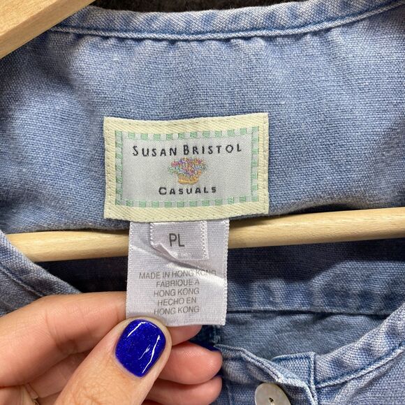 Susan Bristol Shirt Women PL Petite Blue Button Up Sleeveless Round Neck Casual - Picture 8 of 9